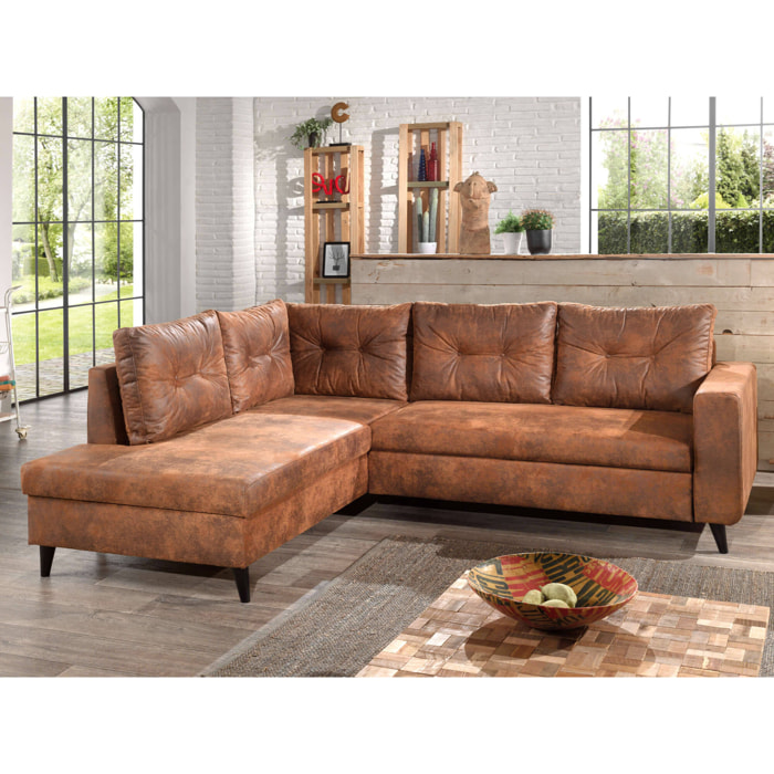 NORDIC - Canapé d'angle gauche - 5 places - Convertible - Industriel vintage - Marron