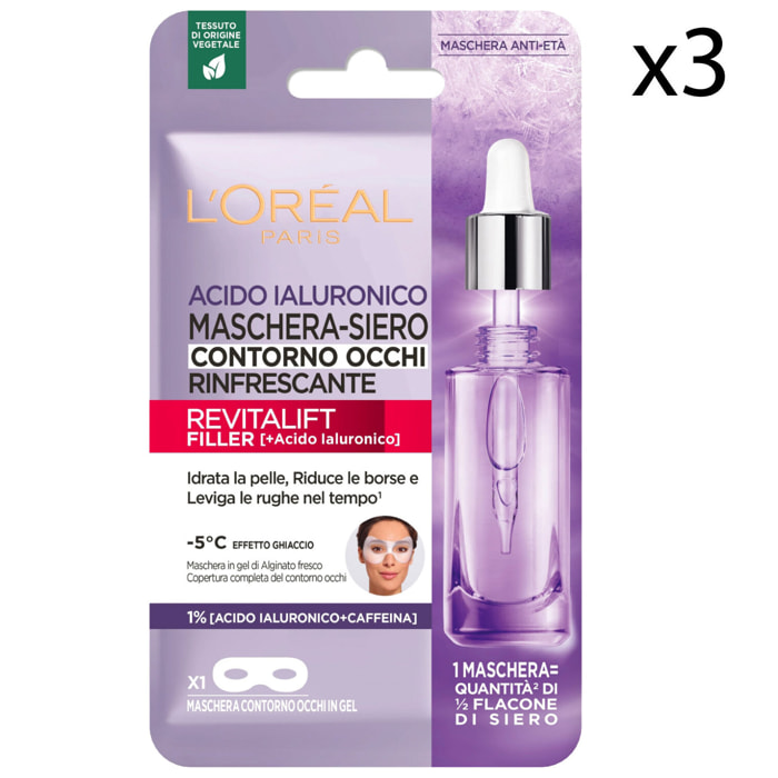 3x Maschera Siero Contorno Occhi Revitalift Filler Rinfrescante con Acido Ialuronico e Caffeina - 3 Confezioni