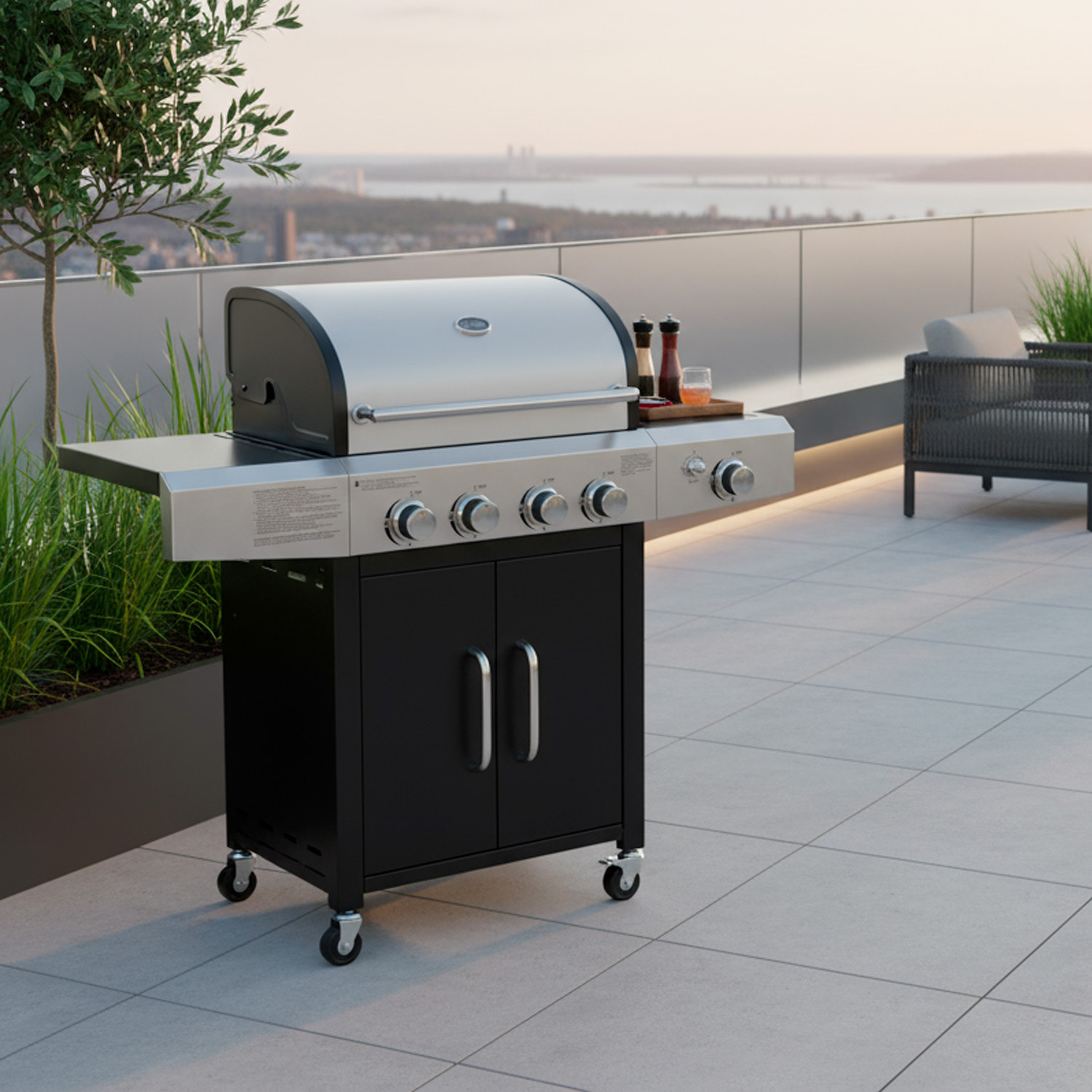 Barbecue a Gas Professionale XXL Da 16 kW con 5 Bruciatori in Acciaio Inox Fuoco Laterale Termometro Griglia Di Cottura 67x42 Cm 137×50×120 Cm Nero