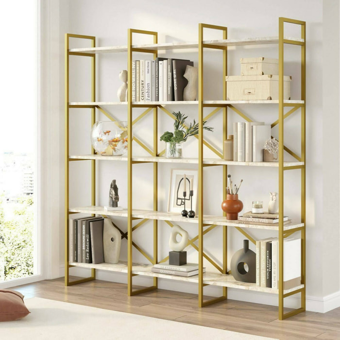 Libreria Dpezzott, Scaffale da ufficio, Mobile portalibri, Biblioteca, 170x30h175 cm, Bianco e Oro