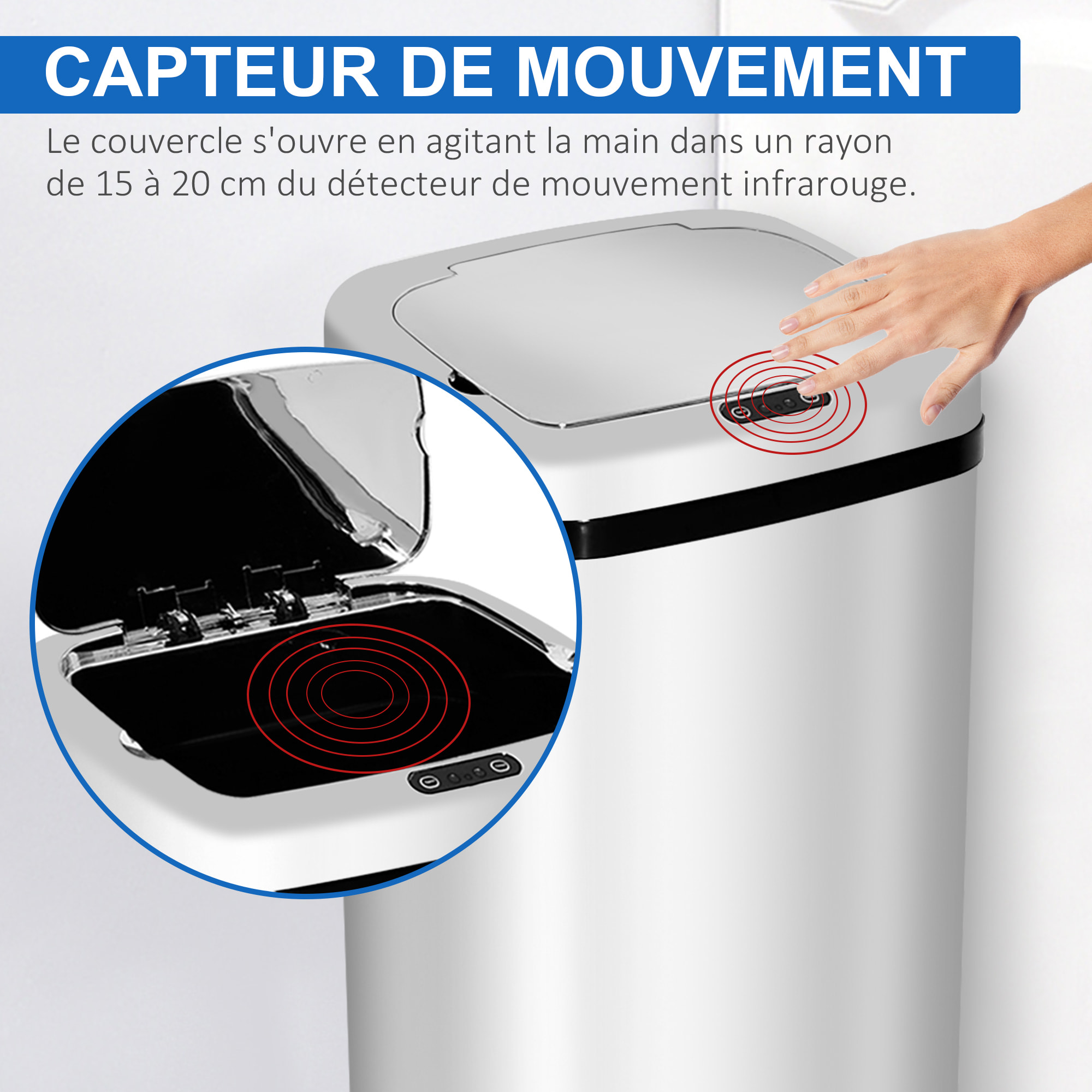 Poubelle à capteur de mouvement ouverture automatique 50L acier inox.