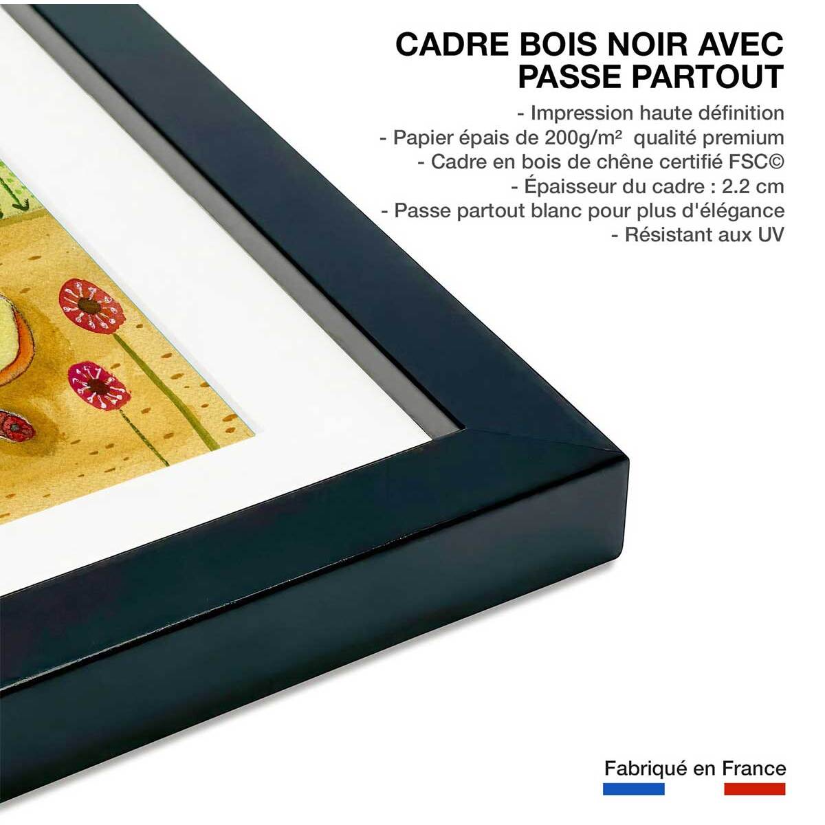 Affiche enfant pizza cat  Affiche sous cadre noir