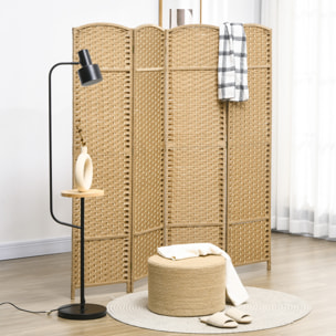 Paravent intérieur pliable 4 panneaux 160 x 170 cm - séparateur de pièce finition tressée - PP  bois pin beige