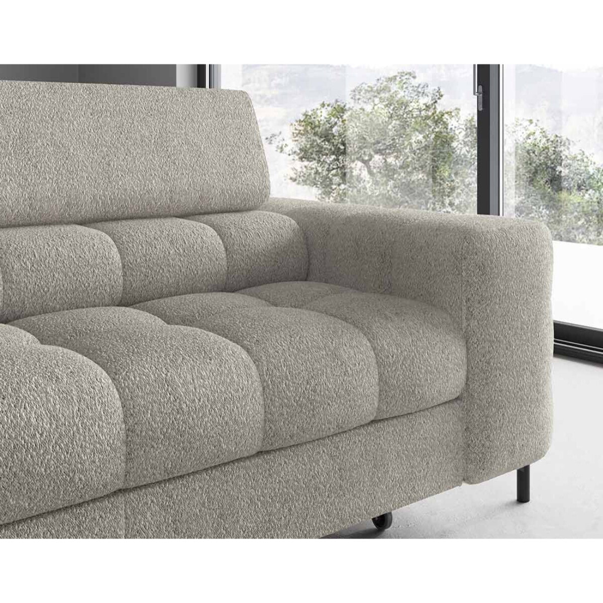 Elisa - canapé d'angle gauche 5 places convertible avec coffre et têtières réglables en tissu bouclette - Taupe