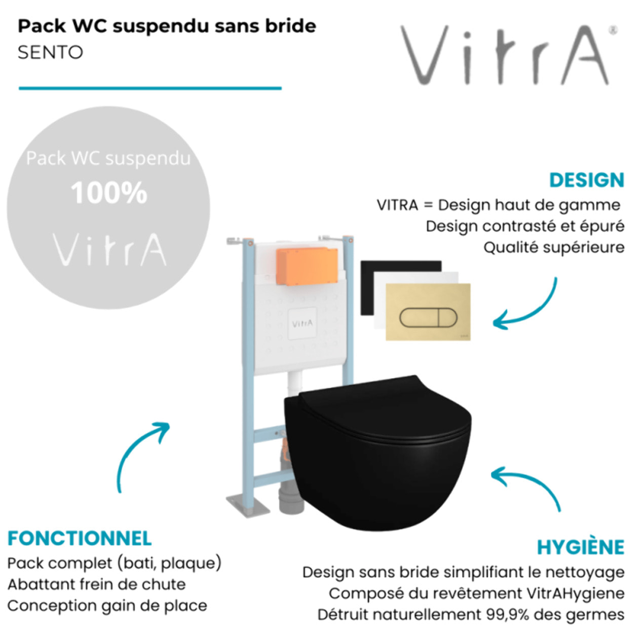 Pack WC suspendu VITRA Sento noir + bâti autoportant V-Fix Core + Plaque Round Noir mat