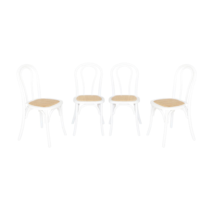 Lot de 4 chaises vintage en bois avec assise en rotin et dossier arrondi. coloris blanc. L 48 x P 49.5 x H 90cm