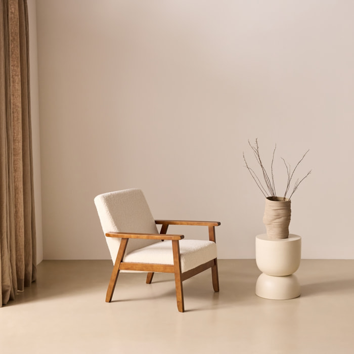 Fauteuil scandinave bois d'hévéa teinté noyer clair bouclette ISAK