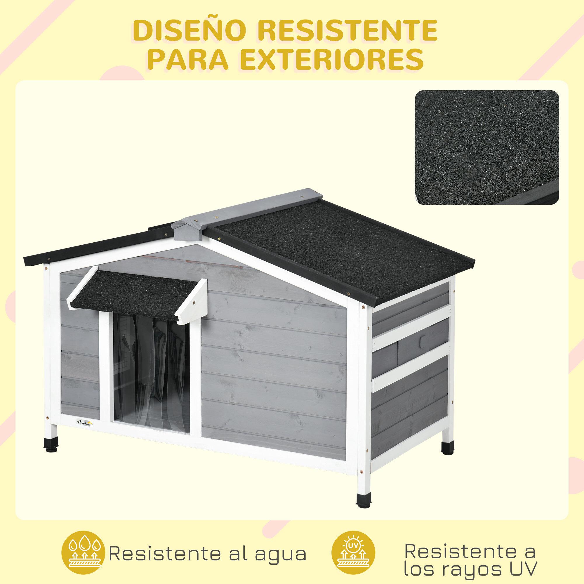 Caseta para Perros de Madera 97x72x65 cm Casita para Mascotas con Techo Asfáltico Abatible 2 Ventanas Puerta con Cortina y Base Extraíble Gris