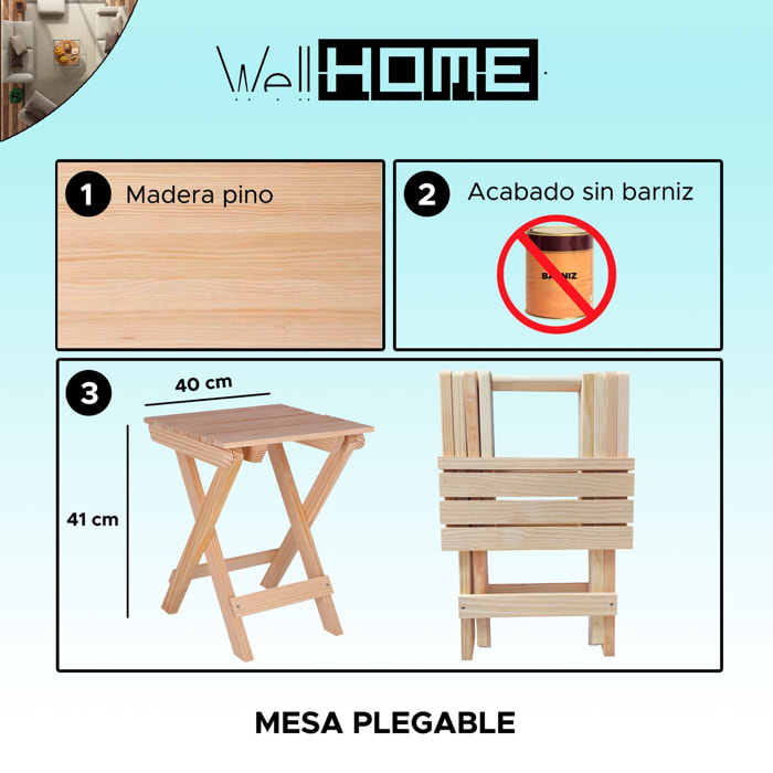 Well home - mesita plegable para jardín terminación sin barniz
