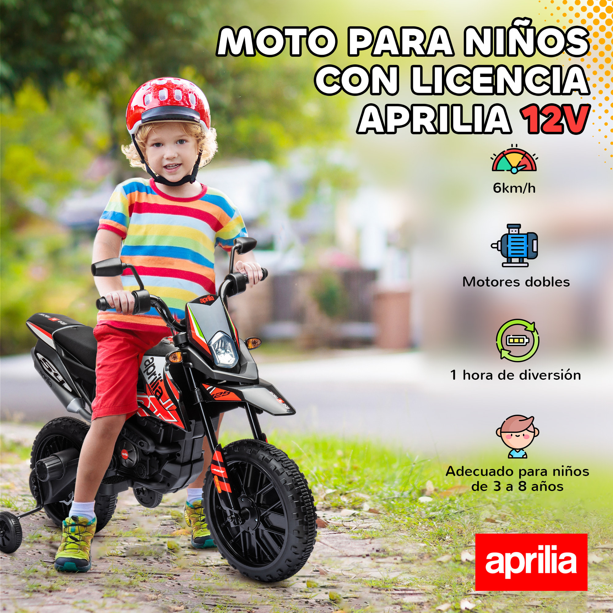 Moto Eléctrica para Niños 12V con Licencia Aprilia, Moto Eléctrica Infantil con Ruedas Auxiliares Desmontables, 6 km/h, Suspensión Trasera, Faro, Música y USB, para Niños 37-96 Meses, Rojo