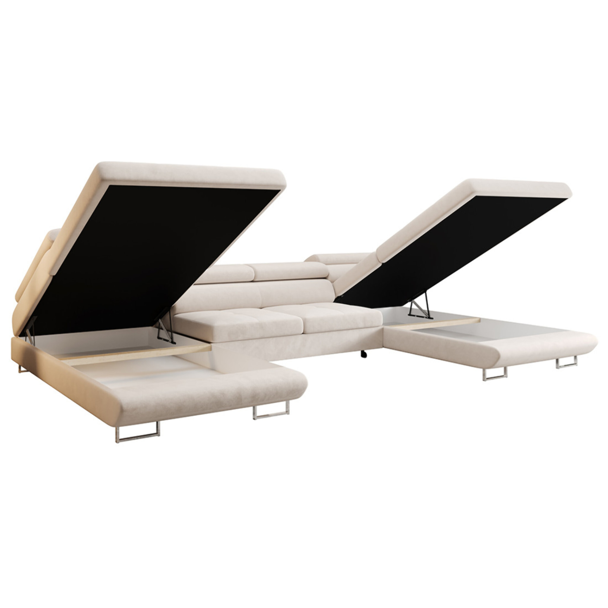 Ayden - Canapé panoramique en U 7 places convertible avec coffre et têtières réglables en tissu - Beige