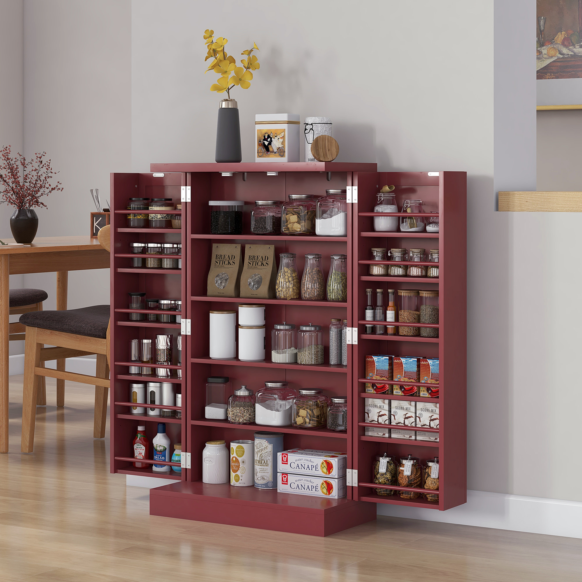 Armoire de cuisine 2 portes total 14 étagères - dim. 60L x 30l x 104H cm - MDF bordeaux