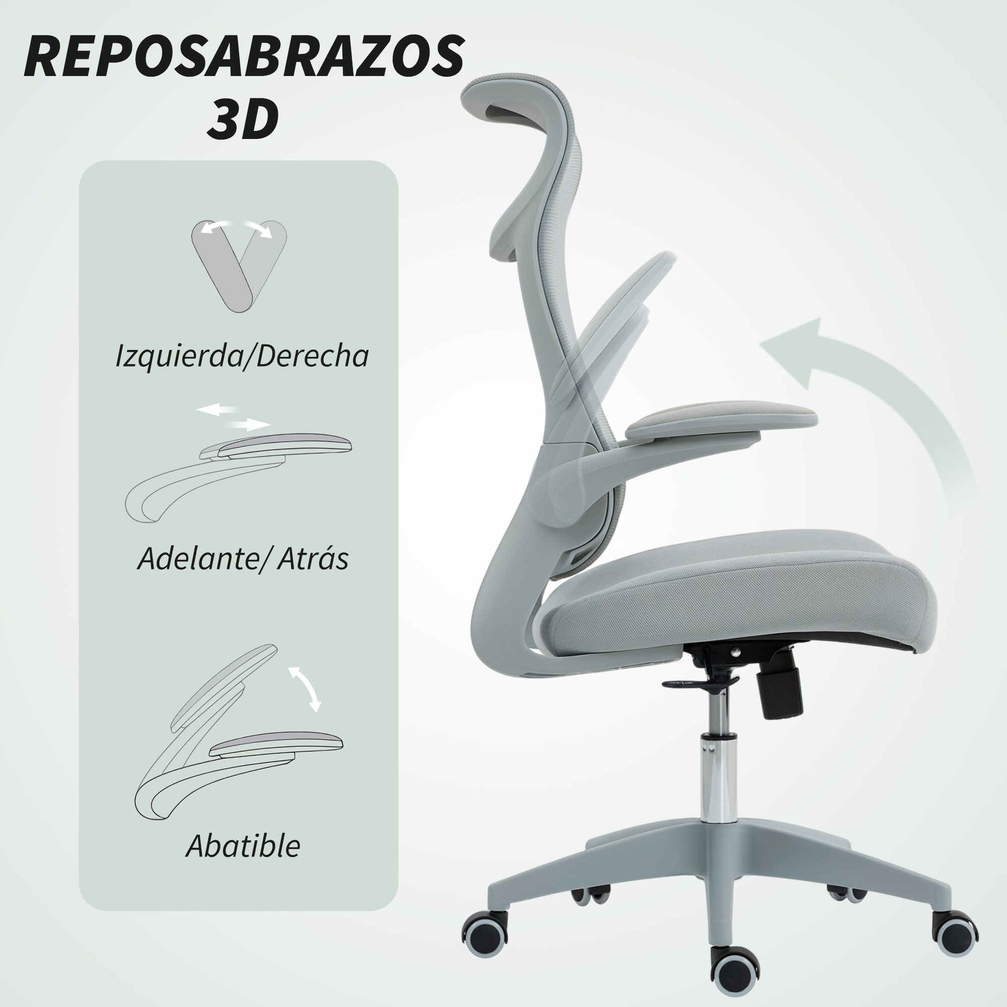 Silla de Oficina Ergonómica Giratoria, con Soporte Lumbar y Reposabrazos 3D Abatibles, Silla de Escritorio de Malla con Reposacabezas Integrado, Función Basculante, Altura Ajustable, Gris