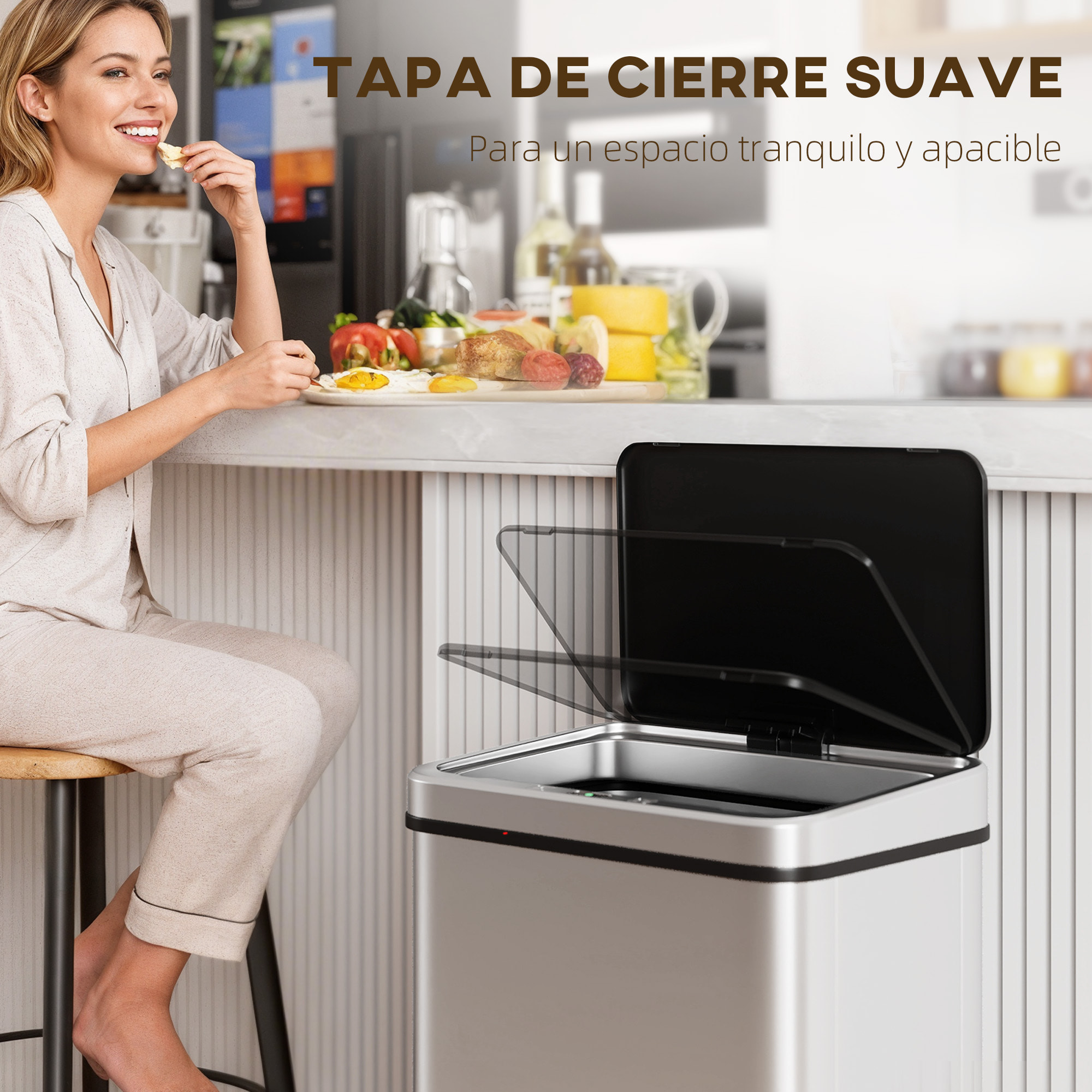 Cubo de Basura Cocina Automático 50 L, Papelera de Cocina de Acero Inoxidable con Sensor Infrarrojo, Cierre Suave, Patas, Anillo de Retención, Antihuellas, para Oficina, Hogar, Plata
