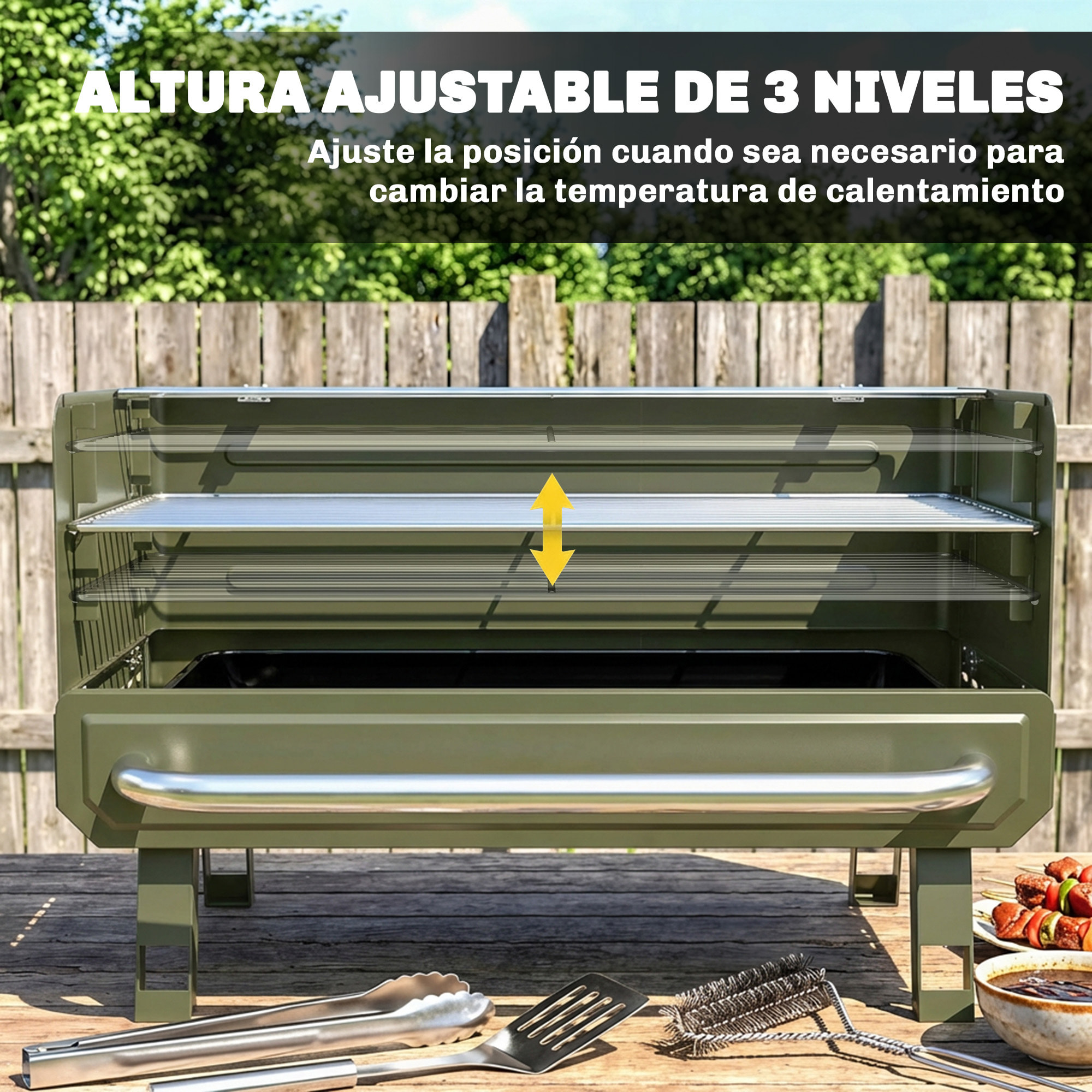 Barbacoa de Carbón Plegable, Barbacoa Portátil, 52x37x31,8 cm, con Rejilla Ajustable, Estante Lateral Plegable y Bandeja de Carbón Extraíble, para Camping, Picnic, Fiesta en Jardín, Verde