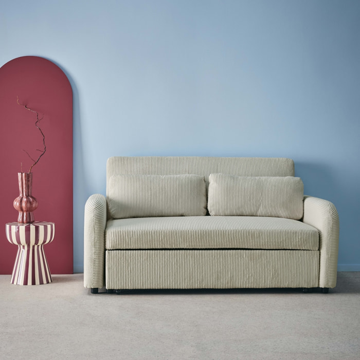 Canapé convertible arrondi 2 places velours côtelé gris clair L 168 x P 90 x H 88cm - Lino