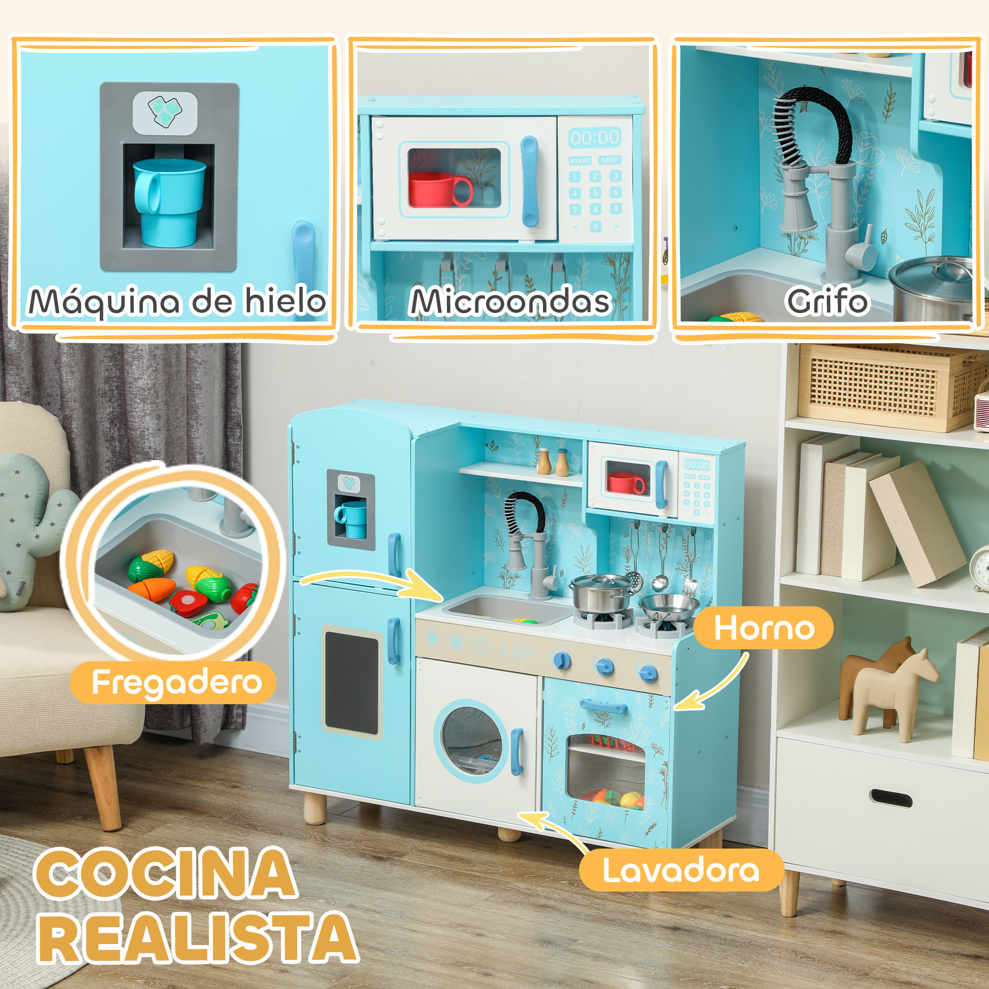 Cocina de Juguete para Niños +3 Años Cocina de Madera Infantil Cocinita Infantil con Sonido Fogón Horno Grifo Fregadero Microondas Lavadora Máquina de Hielo y Accesorios de Cocina Azul