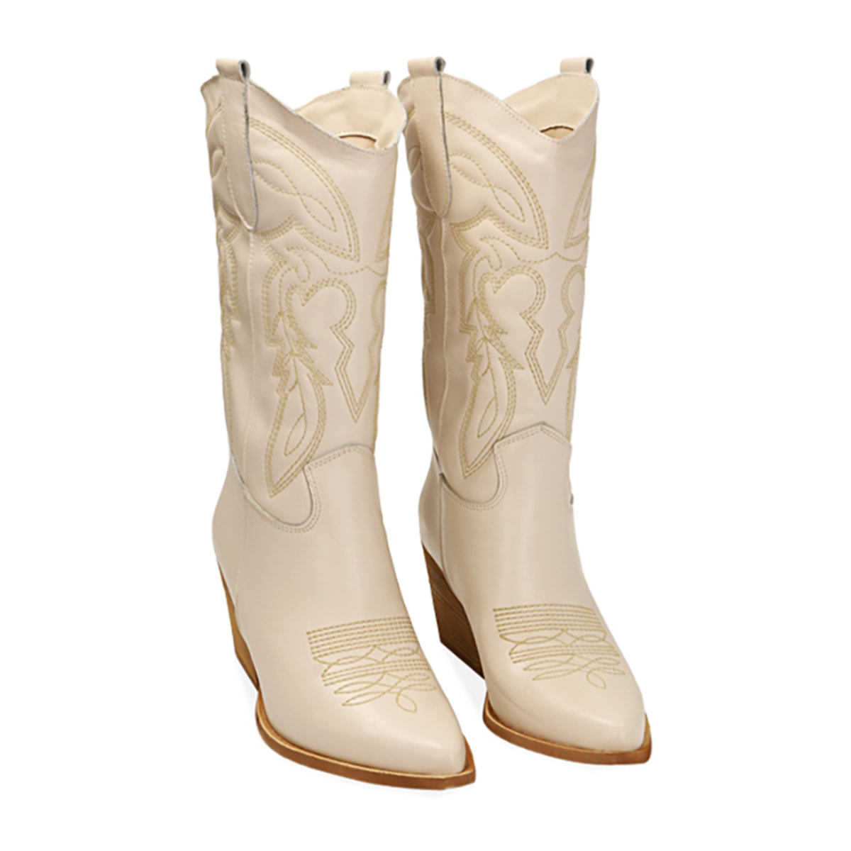 Botas texanas de piel color crema, tacón de 7 cm
