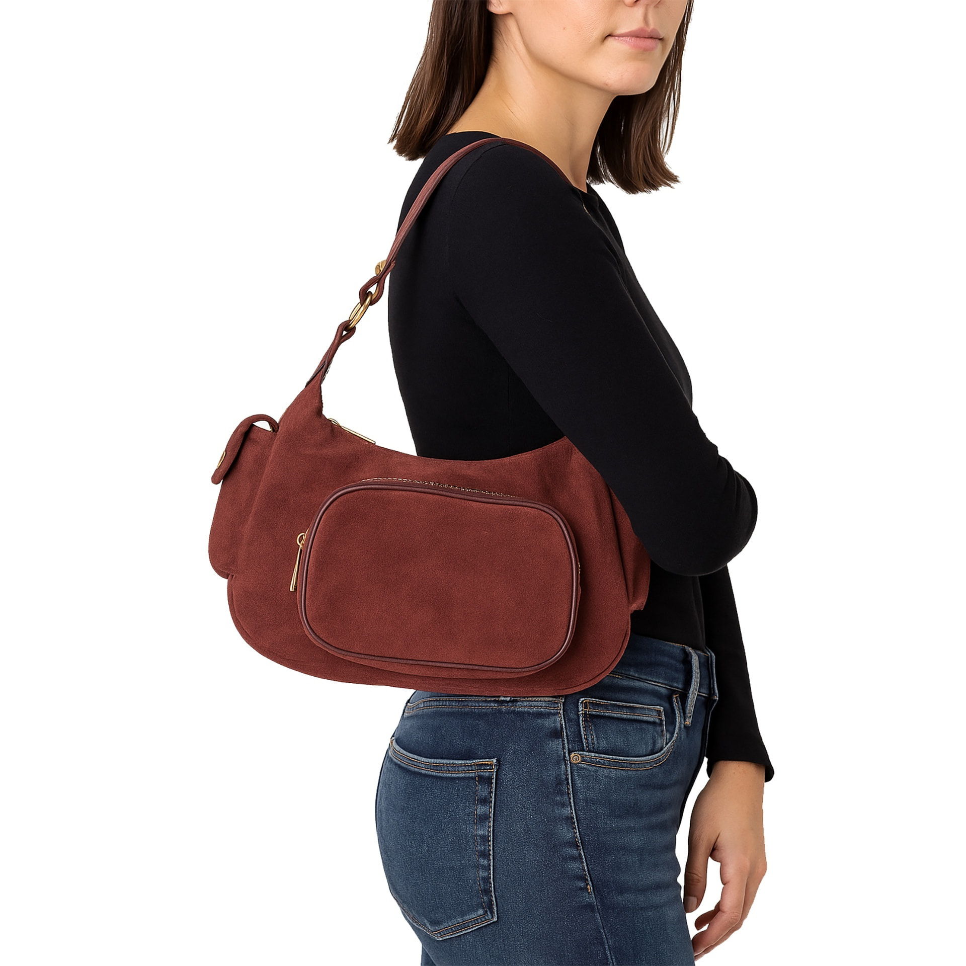 Borsa a spalla da donna Made in Italy - Modello Ardena - Pelle scamosciata - 30.0 x 17.0 x 12.0 cm