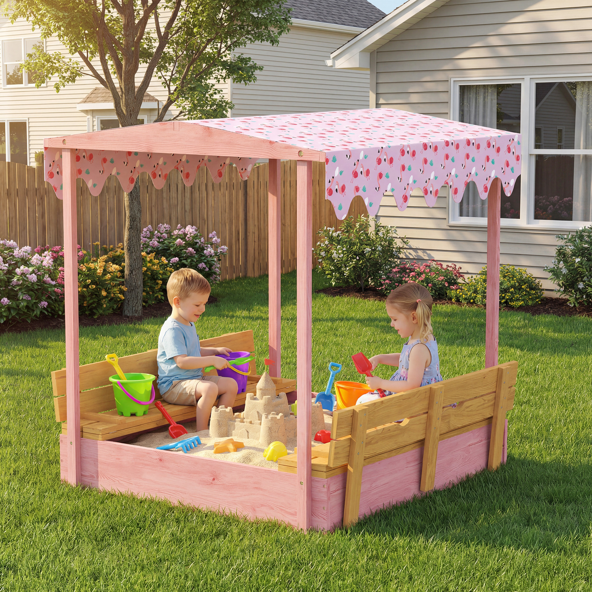 Bac à sable enfant couvercle siège pliable auvent bois rose