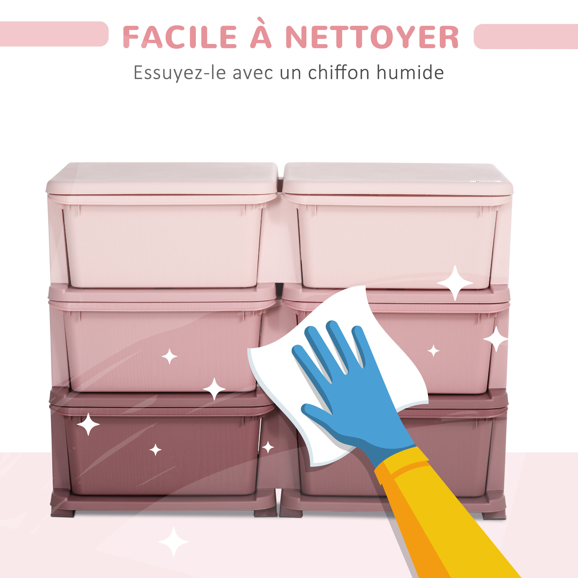 Organisateur de jouets enfant 6 tiroirs 3 niveaux rose