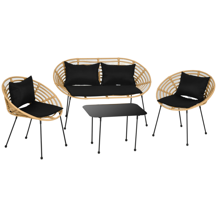 Conjunto de Jardín Exterior de Ratán Sintético de 4 Piezas Muebles de Jardín Exterior Incluye 1 Sofá Doble 2 Sillones y Mesa de Vidrio con Cojines Natural y Negro