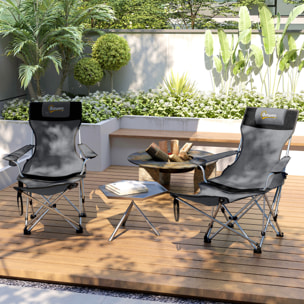 Conjunto de 2 Sillas Plegables Camping Tumbonas Camping Portátiles con Reposapiés Desmontable Reposacabezas Portavasos y Bolsa Lateral Carga 120 kg para Jardín Playa Pesca Gris y Negro