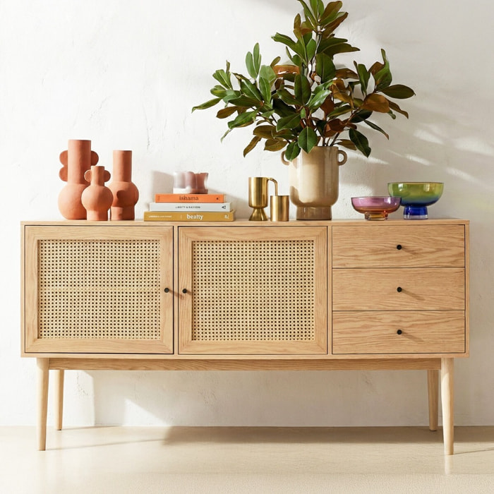 Buffet 2 portes 3 tiroirs en cannage et bois - EDEN