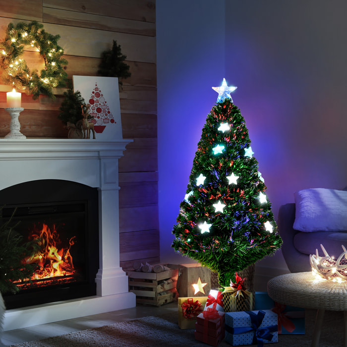 Sapin de Noël artificiel lumineux fibre optique LED multicolore + support pied Ø 60 x 120H cm 130 branches étoile sommet brillante vert