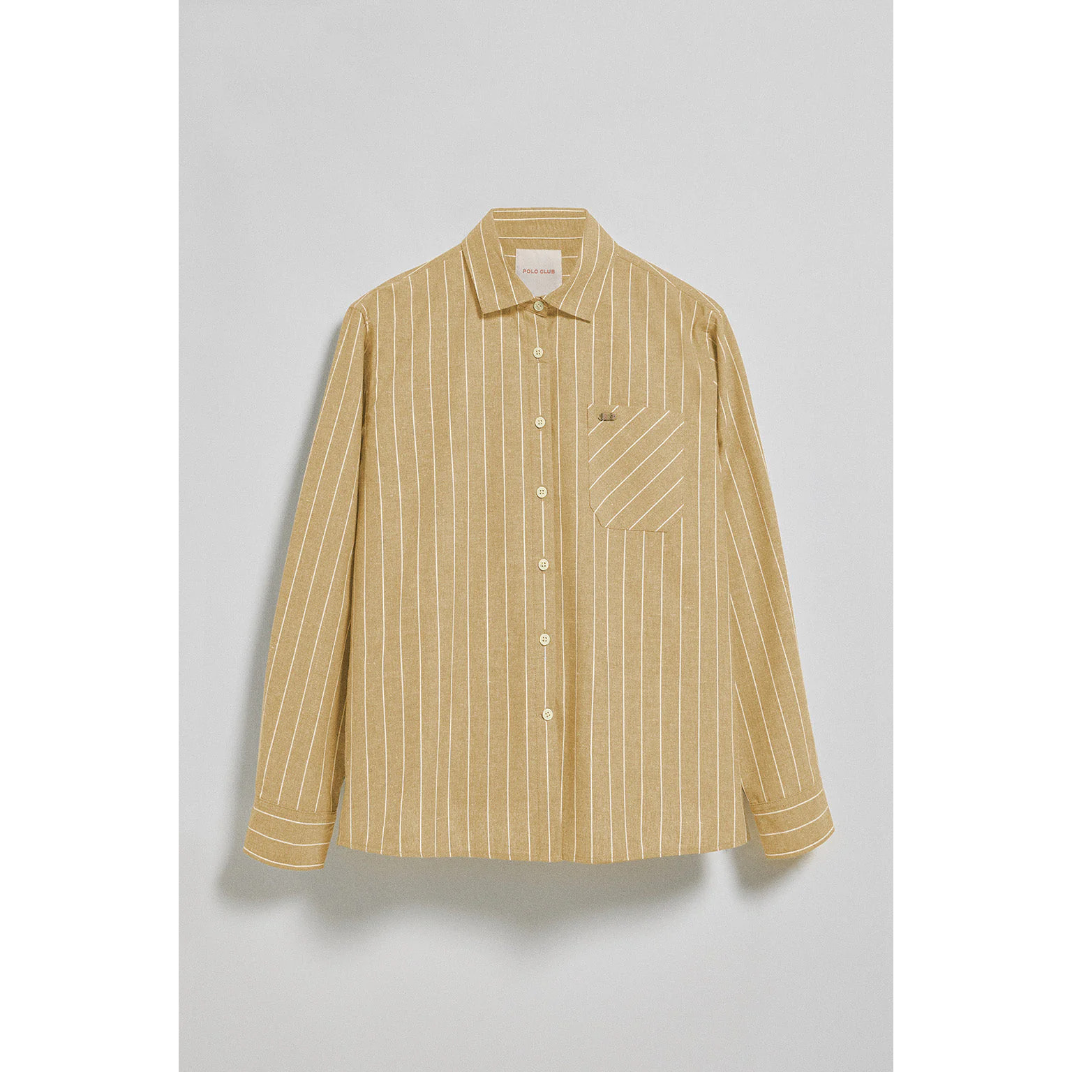 Camicia senape Scarlet a righe loose fit con chiusura a bottoni perlata