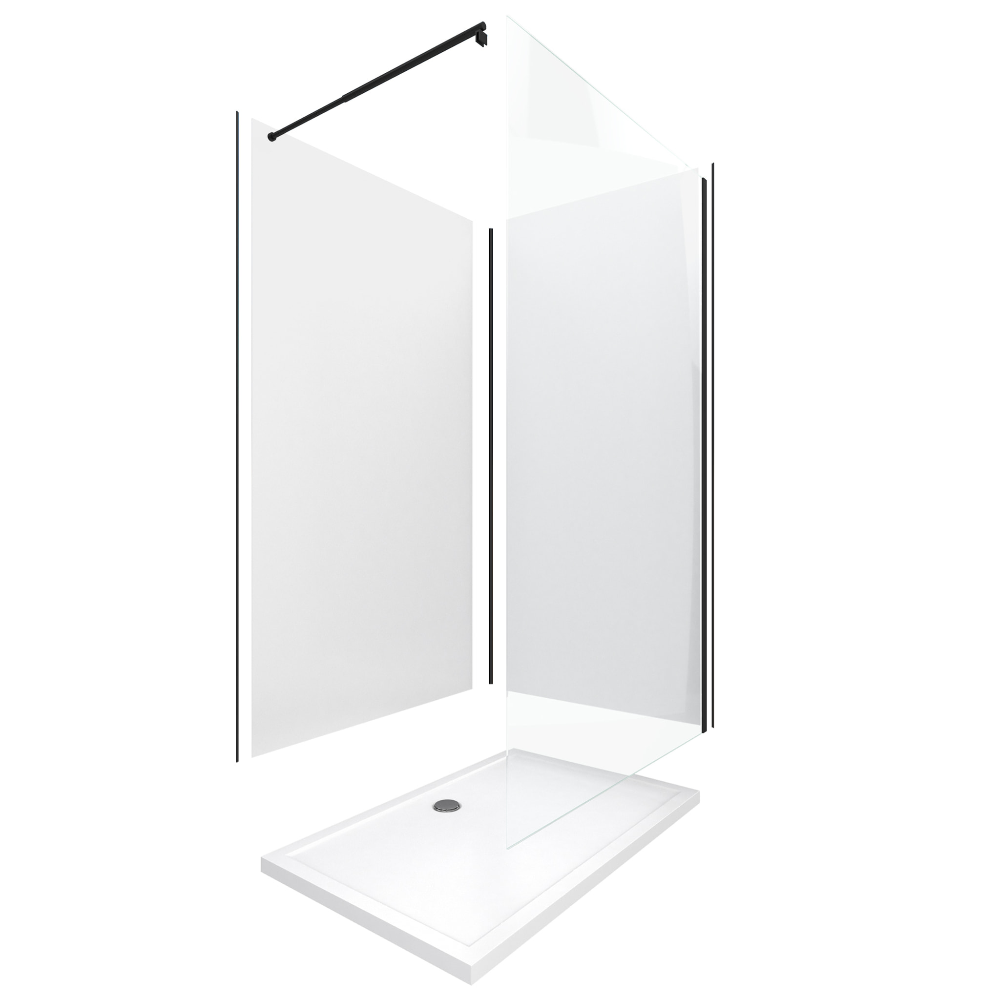 Pack douche à l'Italienne 90x120 - Kit Panneaux muraux Blanc/Noir + receveur + Paroi transparente