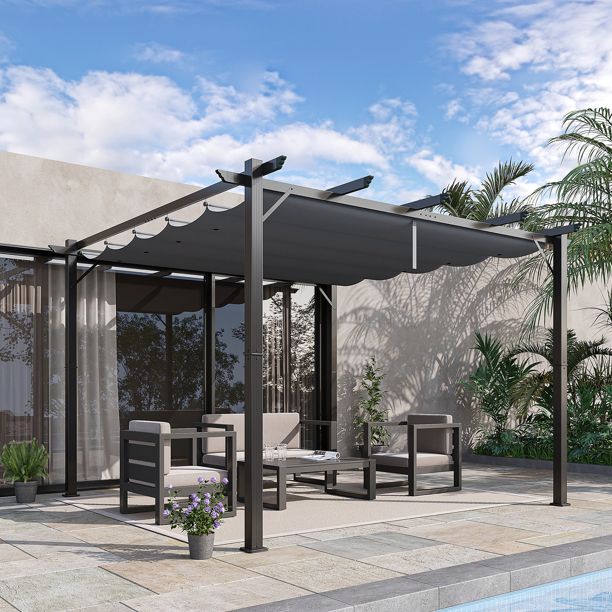 Pérgola de Jardín 3x3 m con Techo Retráctil, Cenador de Jardín con Protección UPF30+, Orificios de Drenaje, Estructura de Aluminio, Pabellón para Patio, Terraza, Exterior, Gris Oscuro