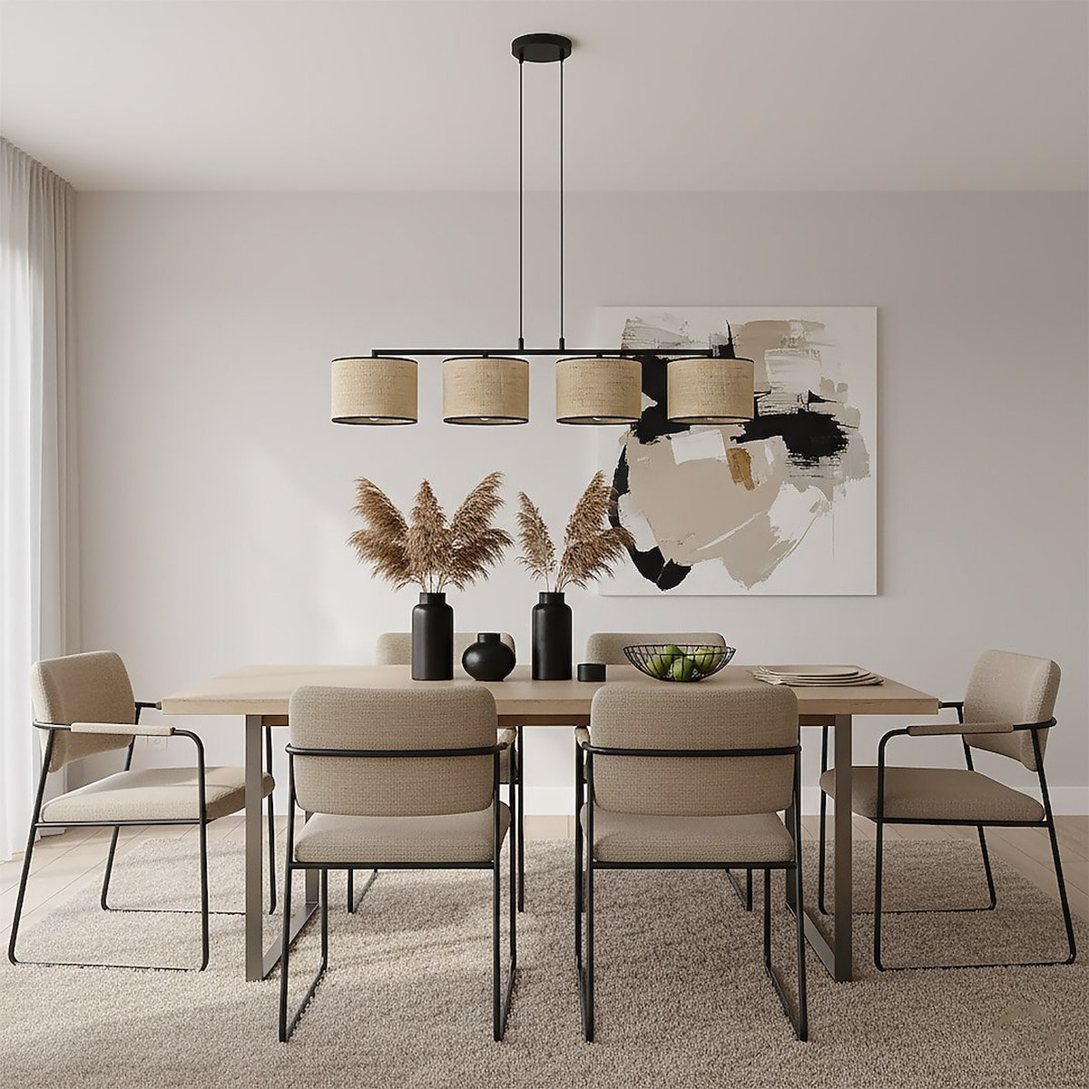 Lampada a sospensione ECO in acciaio nero e rattan