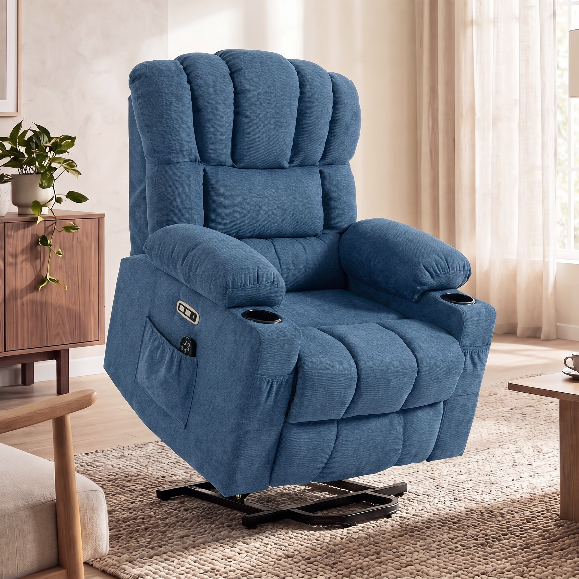 Sillón Relax Reclinable Eléctrico Levanta Personas Mayores con 8 Puntos Masaje Vibratorio y Calor, Sillón Elevador, Asiento Ancho, USB-C, USB-A, Bolsillos, Portavasos, Reposapiés, de Rizo Azul