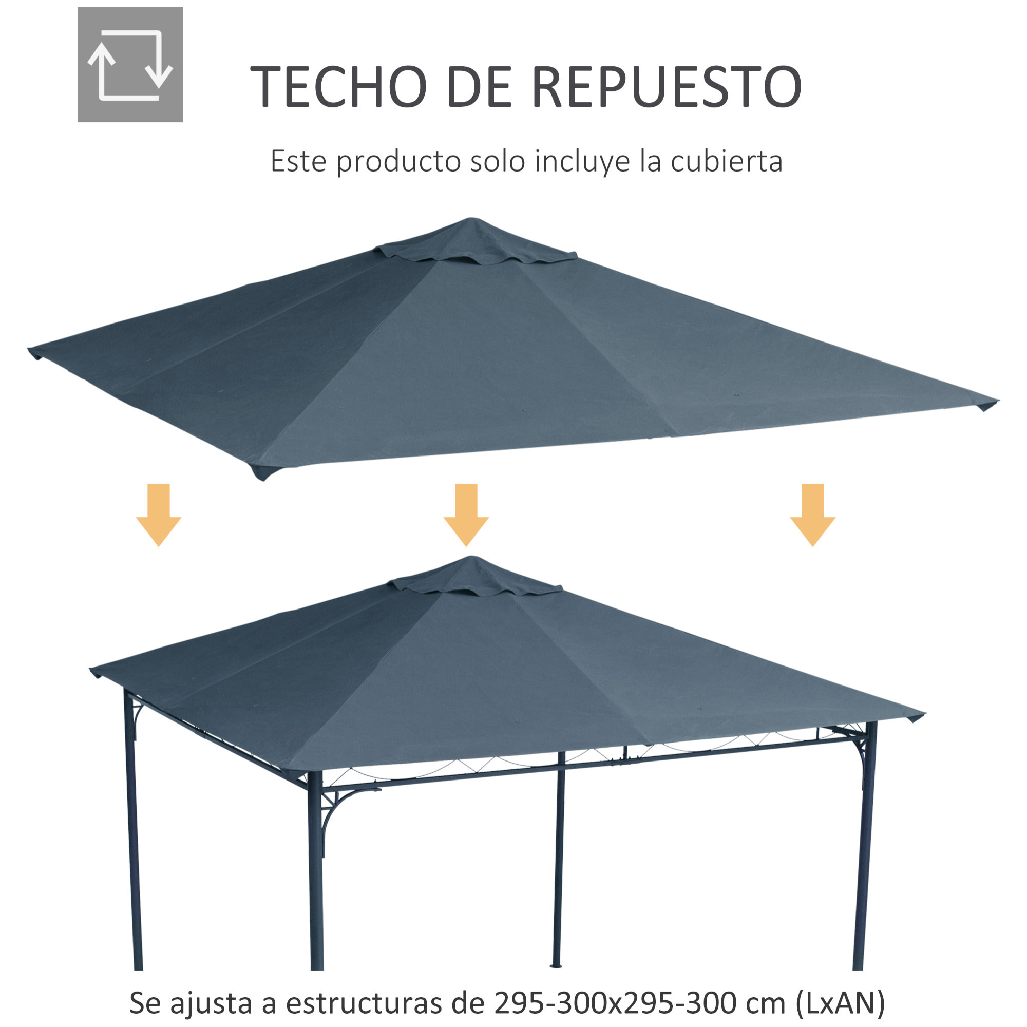 Techo de Repuesto 2,98x2,95 m para Cenador de Jardín Cubierta de Repuesto de Gazebo Pabellón Exterior con 8 Orificios de Drenaje y Ventilación Gris