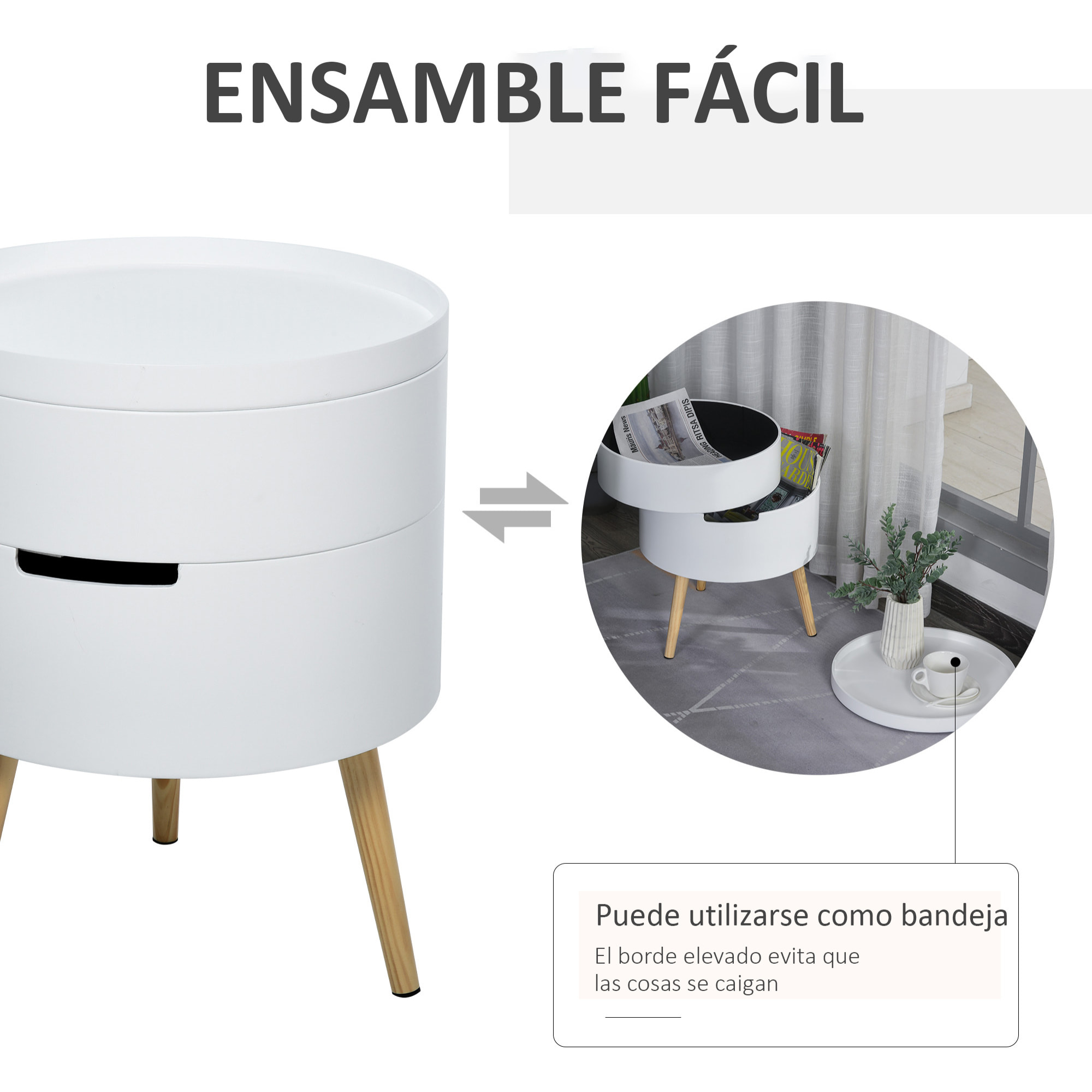 Mesa Auxiliar de Salón Moderna Mesita de Noche con Tapa Extraíble 2 Espacios de Almacenamiento y Patas de Madera para Dormitorio Sofá Esquina Ø38x48,3 cm