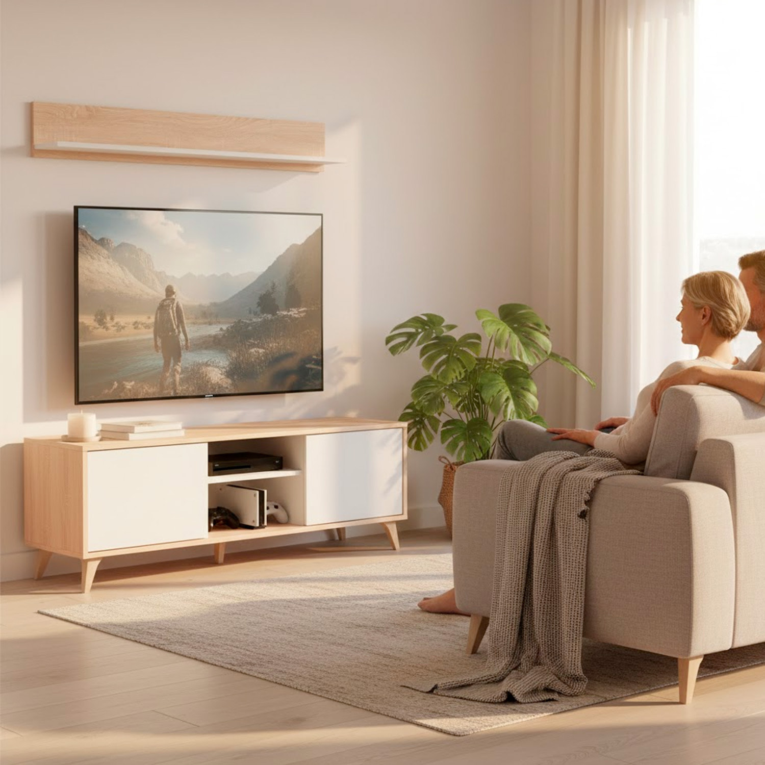 Mobile TV Con Mensola Parete Attrezzata In Stile Nordico Da 135 Cm Con Anta Push E Vani Multimediali Mobile Porta TV 135 x 50 x 40 Cm Rovere E bianco