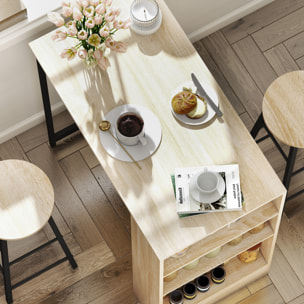 Conjunto Mesa Alta de Cocina con 2 Taburetes, Mesa Alta de Bar, Ahorro de Espacio, Marco de Acero, Reposapiés, 3 Compartimentos Abiertos, Estante Ajustable, para Comedor, Isla Cocina, Roble