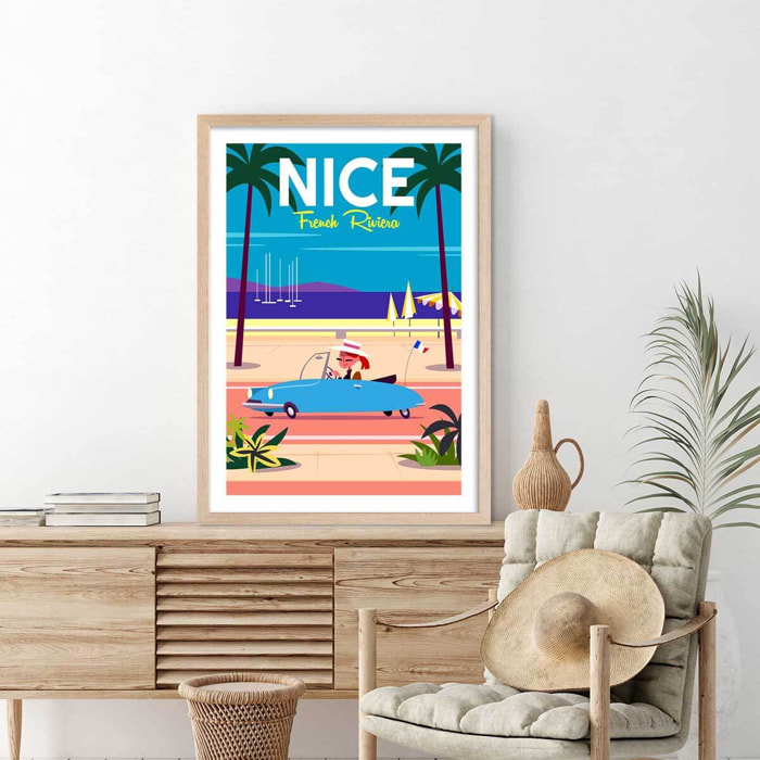 Poster nice promenade des anglais Affiche + cadre en bois - Chêne