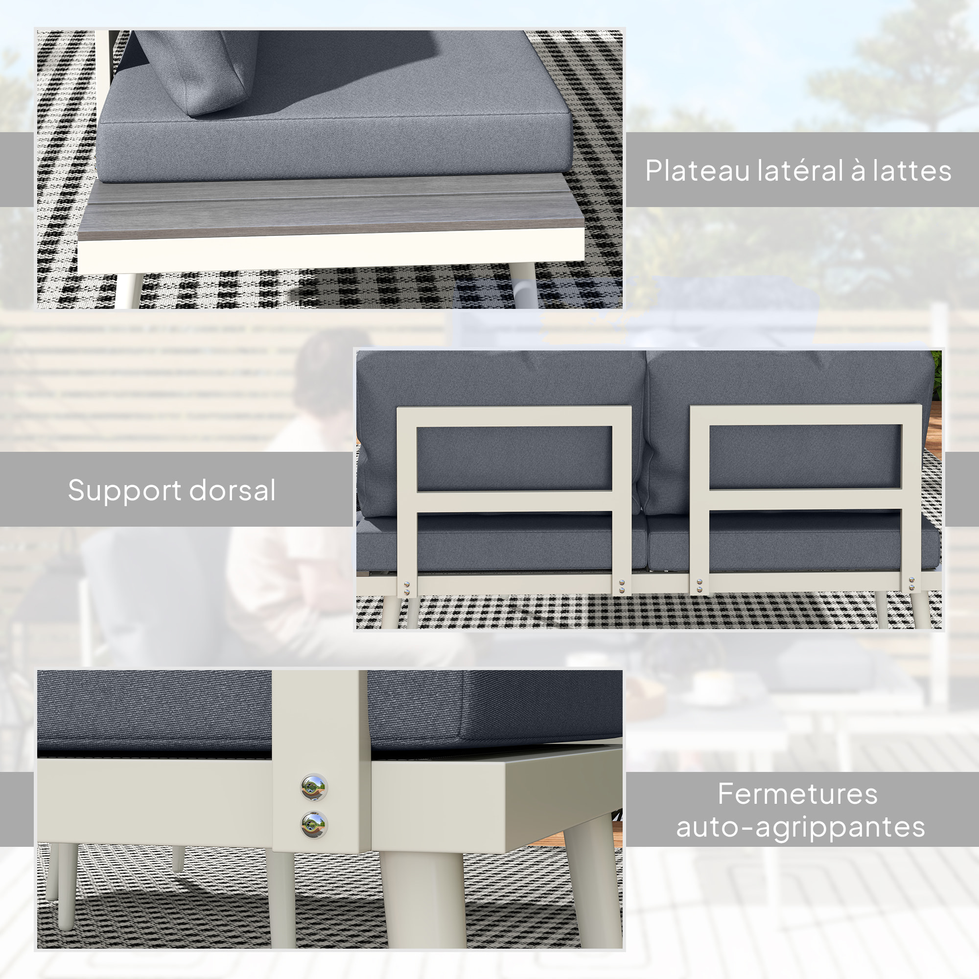 Ensemble salon de jardin modulable 4 personnes 3 pièces design métal crème coussins gris