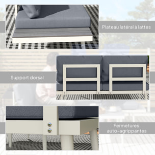 Ensemble salon de jardin modulable 4 personnes 3 pièces design métal crème coussins gris