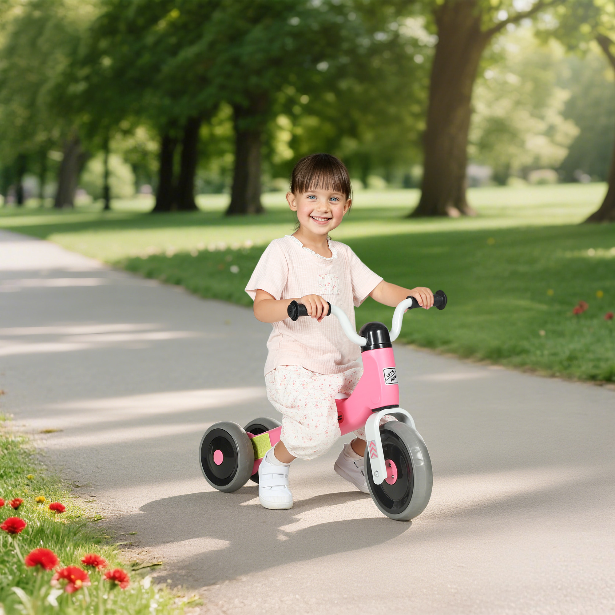 Draisienne 3 roues enfant 12-36 mois pneu EVA silencieux grande selle métal rose blanc