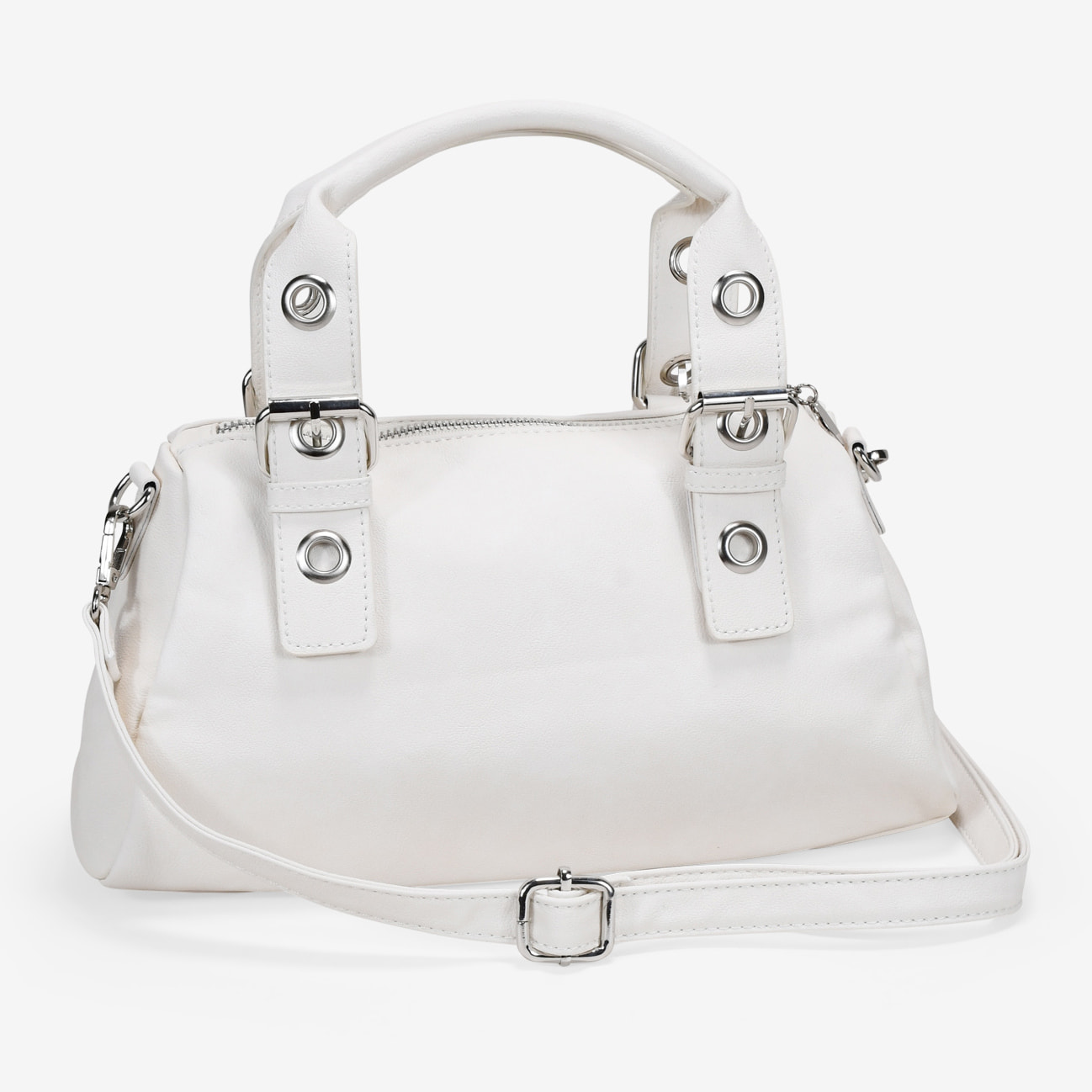 Bolso de mano blanco con hebillas y tachuelas redondas