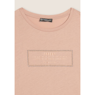 T-shirt donna lunga con spacchi e grafica brillante