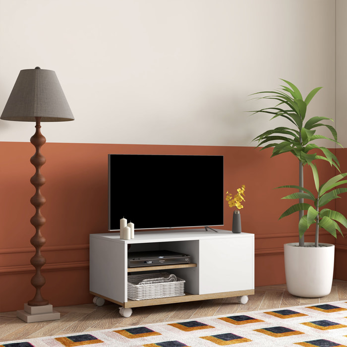 Mueble de TV con Ruedas, Mesa de TV Móvil, Mueble para Televisión hasta 32 Pulgadas, con 1 Puerta, 2 Compartimentos Abiertos, Estante Ajustable, para Salón, Comedor, Dormitorio, Blanco