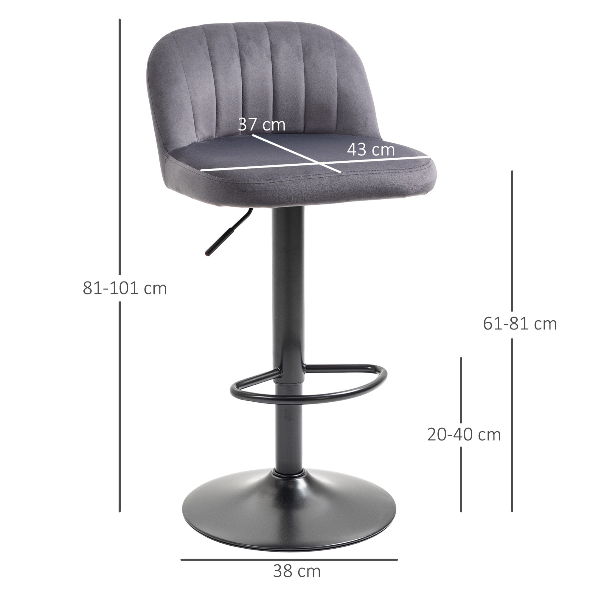 Lot de 2 tabourets de bar design contemporain velours gris métal noir