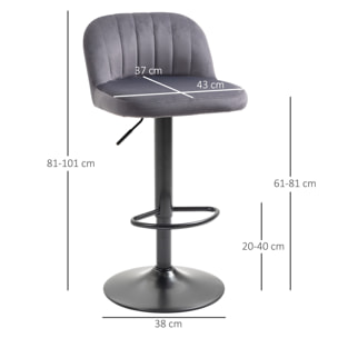 Lot de 2 tabourets de bar design contemporain velours gris métal noir
