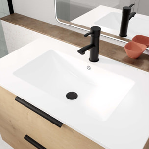 Meuble de Salle de Bains 60cm Suspendu Decor Bois Clair 2 Tiroirs - Vasque Blanche - ELEMENTARY