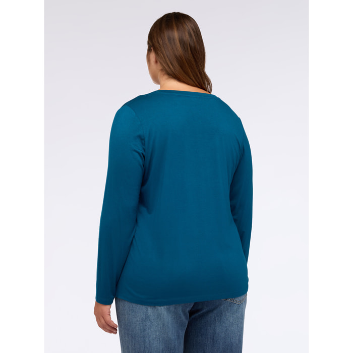 Fiorella Rubino - T-shirt bimaterica con scollo a V e maniche lunghe - Ottanio