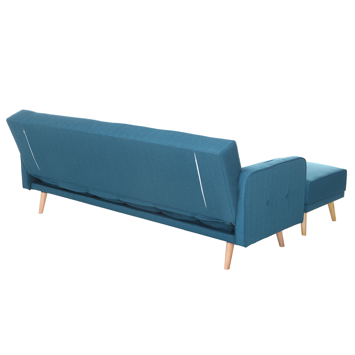 Canapé convertible scandinave 3 places avec repose-pieds en tissu bleu canard et bois clair ULLA